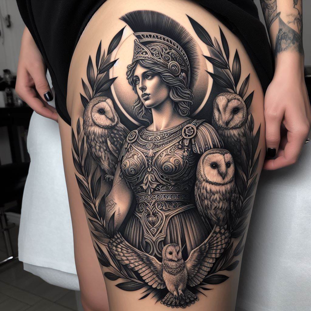 A mythology-inspired thigh tattoo featuring a powerful rendition of Athena, the Greek goddess of wisdom, surrounded by owls and olive branches. Athena stands tall and majestic, her armor intricately detailed with ancient motifs. Owls, symbols of wisdom, accompany her, each feather rendered with precision. Olive branches, representing peace and victory, frame the scene. The tattoo is a homage to Greek mythology, combining beauty with symbolic meaning.