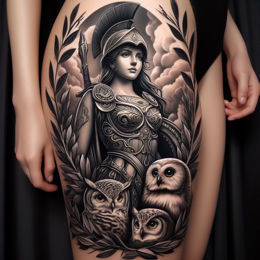 A mythology-inspired thigh tattoo featuring a powerful rendition of Athena, the Greek goddess of wisdom, surrounded by owls and olive branches. Athena stands tall and majestic, her armor intricately detailed with ancient motifs. Owls, symbols of wisdom, accompany her, each feather rendered with precision. Olive branches, representing peace and victory, frame the scene. The tattoo is a homage to Greek mythology, combining beauty with symbolic meaning.
