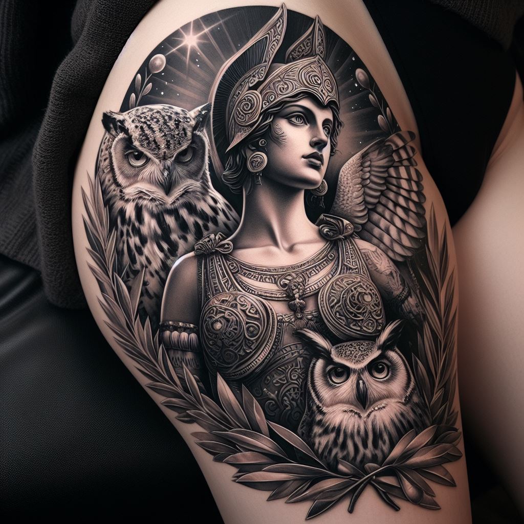 A mythology-inspired thigh tattoo featuring a powerful rendition of Athena, the Greek goddess of wisdom, surrounded by owls and olive branches. Athena stands tall and majestic, her armor intricately detailed with ancient motifs. Owls, symbols of wisdom, accompany her, each feather rendered with precision. Olive branches, representing peace and victory, frame the scene. The tattoo is a homage to Greek mythology, combining beauty with symbolic meaning.