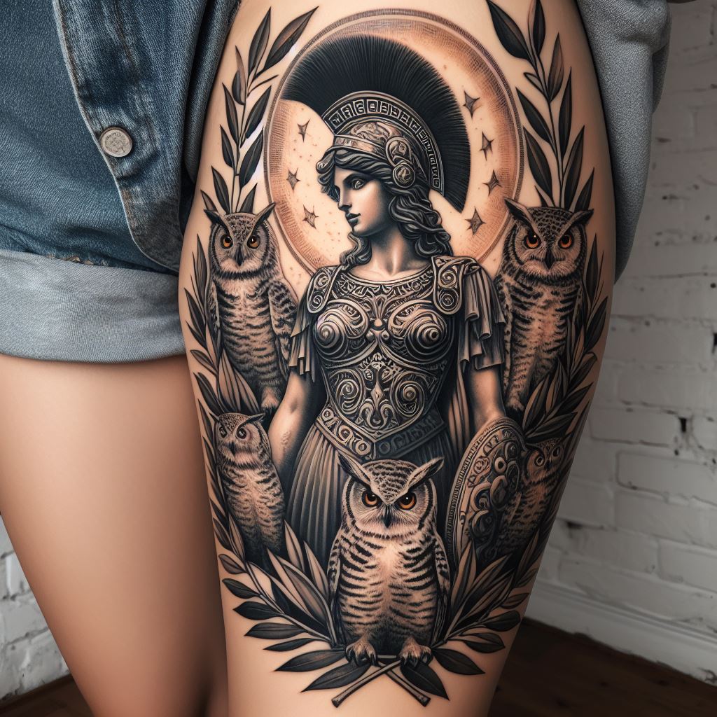 A mythology-inspired thigh tattoo featuring a powerful rendition of Athena, the Greek goddess of wisdom, surrounded by owls and olive branches. Athena stands tall and majestic, her armor intricately detailed with ancient motifs. Owls, symbols of wisdom, accompany her, each feather rendered with precision. Olive branches, representing peace and victory, frame the scene. The tattoo is a homage to Greek mythology, combining beauty with symbolic meaning.