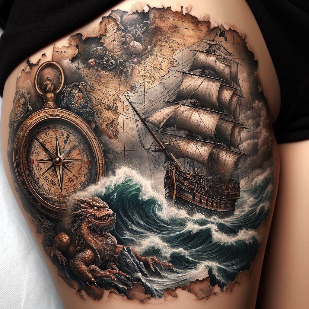 A pirate-themed thigh tattoo showcasing a detailed antique map, a compass, and a ship sailing through stormy seas. The map is aged and torn, with mythical creatures lurking in its uncharted territories. The compass, detailed with a vintage design, points north, guiding the ship through tumultuous waters. The ship itself is drawn with attention to detail, from its billowing sails to its sturdy hull, embodying adventure and the spirit of exploration.