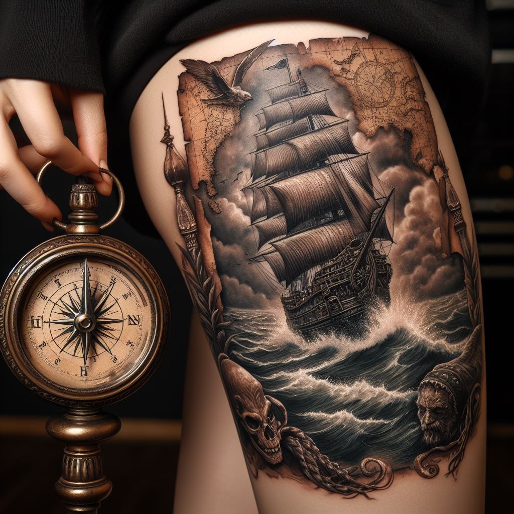 A pirate-themed thigh tattoo showcasing a detailed antique map, a compass, and a ship sailing through stormy seas. The map is aged and torn, with mythical creatures lurking in its uncharted territories. The compass, detailed with a vintage design, points north, guiding the ship through tumultuous waters. The ship itself is drawn with attention to detail, from its billowing sails to its sturdy hull, embodying adventure and the spirit of exploration.