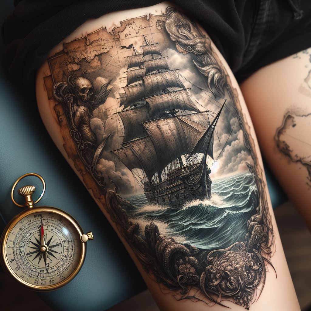 A pirate-themed thigh tattoo showcasing a detailed antique map, a compass, and a ship sailing through stormy seas. The map is aged and torn, with mythical creatures lurking in its uncharted territories. The compass, detailed with a vintage design, points north, guiding the ship through tumultuous waters. The ship itself is drawn with attention to detail, from its billowing sails to its sturdy hull, embodying adventure and the spirit of exploration.