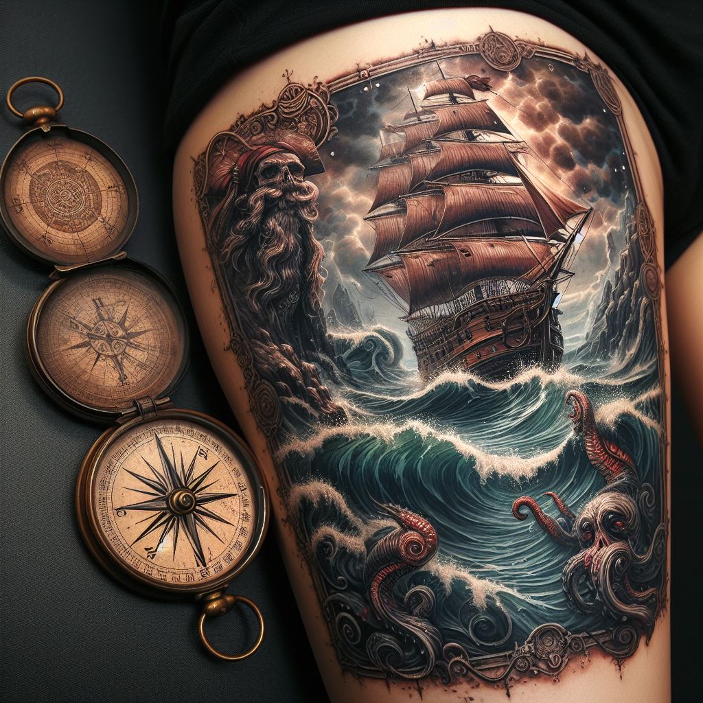 A pirate-themed thigh tattoo showcasing a detailed antique map, a compass, and a ship sailing through stormy seas. The map is aged and torn, with mythical creatures lurking in its uncharted territories. The compass, detailed with a vintage design, points north, guiding the ship through tumultuous waters. The ship itself is drawn with attention to detail, from its billowing sails to its sturdy hull, embodying adventure and the spirit of exploration.