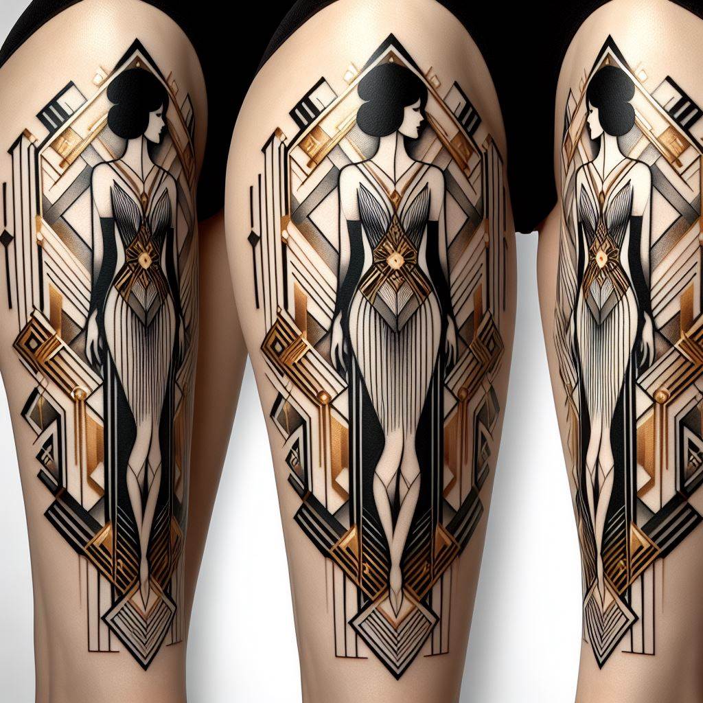 An art deco thigh tattoo featuring geometric patterns and elegant female silhouettes. The design embodies the luxury and glamour of the art deco era, with sharp lines, symmetrical shapes, and a minimalist color scheme of black, gold, and silver. Female silhouettes are stylized and sophisticated, integrated seamlessly into the geometric patterns. This tattoo combines modernist styles with historical elegance, making it a statement piece.