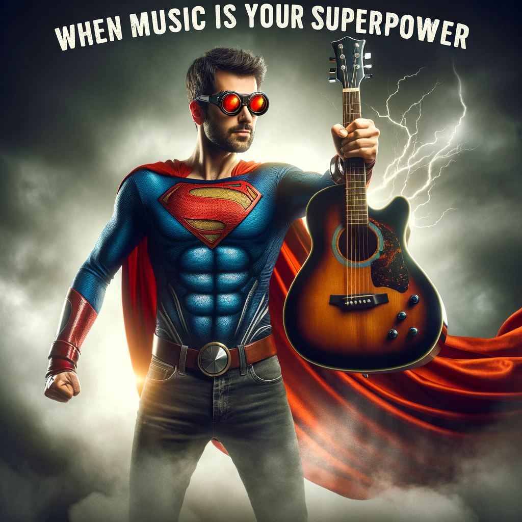 An image of a superhero holding a guitar as if it's a weapon, ready to save the world with music, captioned, "When music is your superpower."