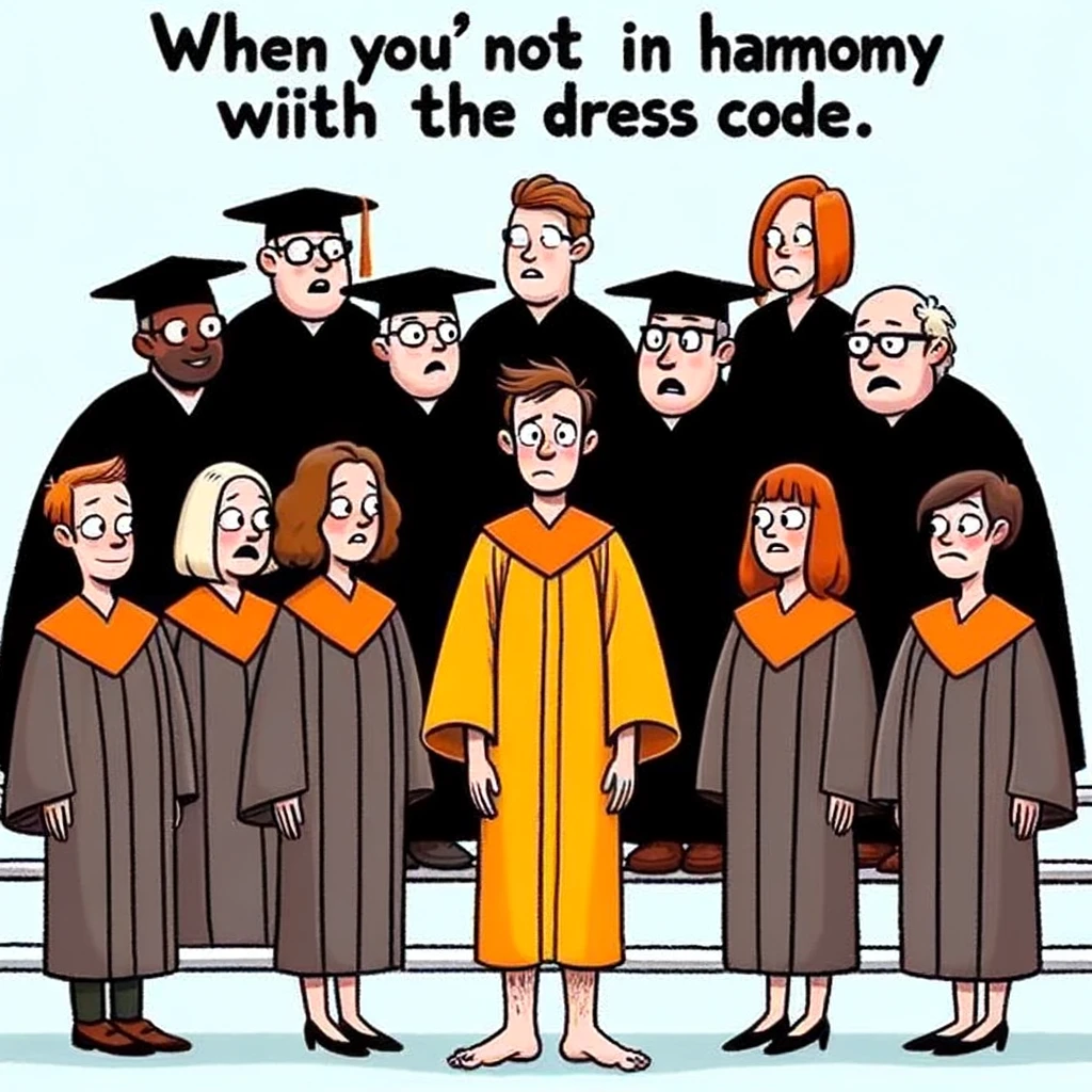 A playful image showing a choir member accidentally wearing their robe backwards, looking confused as everyone else is dressed correctly. The caption jokes, "When you're not quite in harmony with the dress code."
