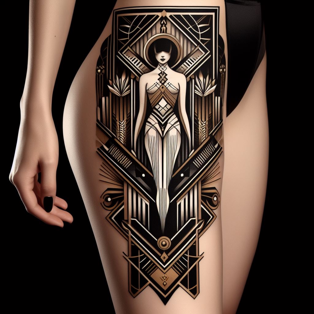 An art deco thigh tattoo featuring geometric patterns and elegant female silhouettes. The design embodies the luxury and glamour of the art deco era, with sharp lines, symmetrical shapes, and a minimalist color scheme of black, gold, and silver. Female silhouettes are stylized and sophisticated, integrated seamlessly into the geometric patterns. This tattoo combines modernist styles with historical elegance, making it a statement piece.