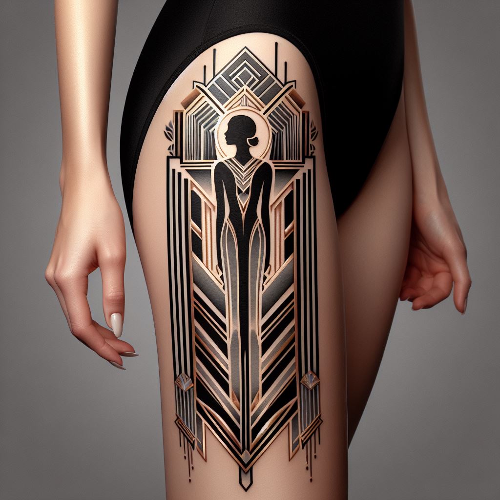 An art deco thigh tattoo featuring geometric patterns and elegant female silhouettes. The design embodies the luxury and glamour of the art deco era, with sharp lines, symmetrical shapes, and a minimalist color scheme of black, gold, and silver. Female silhouettes are stylized and sophisticated, integrated seamlessly into the geometric patterns. This tattoo combines modernist styles with historical elegance, making it a statement piece.