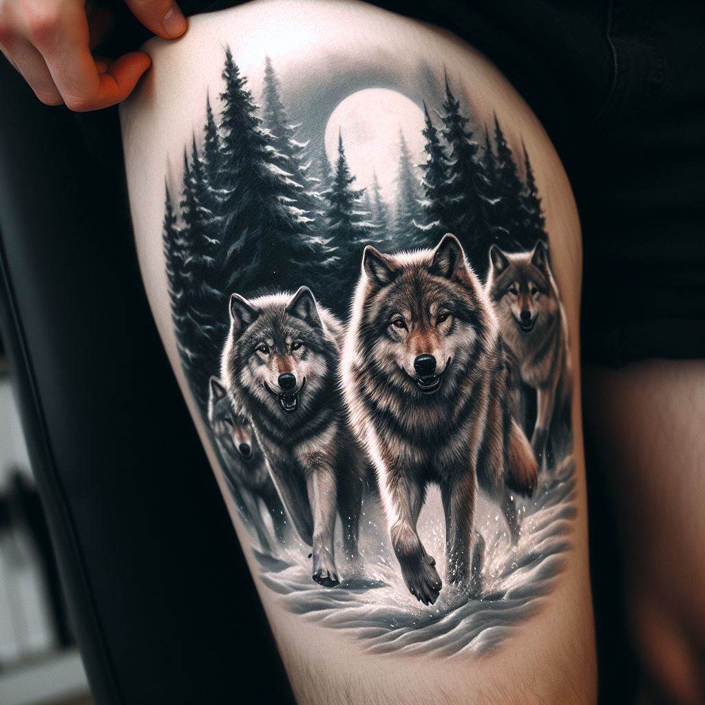 A wildlife-inspired thigh tattoo featuring a realistic pack of wolves running through a snowy forest. The wolves are drawn with exceptional attention to detail, from their thick fur coats shimmering in the moonlight to their determined expressions as they navigate the terrain. The forest background is a blur of white and gray, with snow-covered trees and the hint of a moon peeking through the branches, creating a sense of movement and wild beauty.