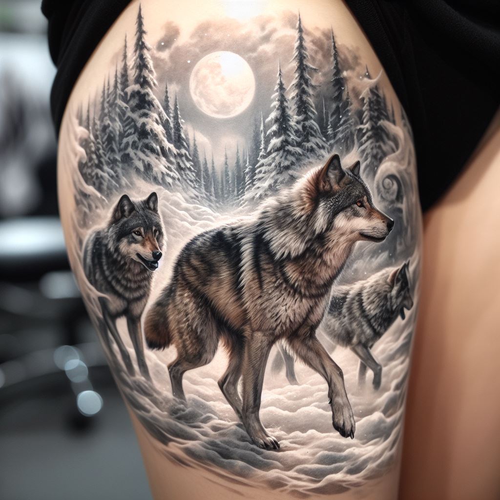 A wildlife-inspired thigh tattoo featuring a realistic pack of wolves running through a snowy forest. The wolves are drawn with exceptional attention to detail, from their thick fur coats shimmering in the moonlight to their determined expressions as they navigate the terrain. The forest background is a blur of white and gray, with snow-covered trees and the hint of a moon peeking through the branches, creating a sense of movement and wild beauty.