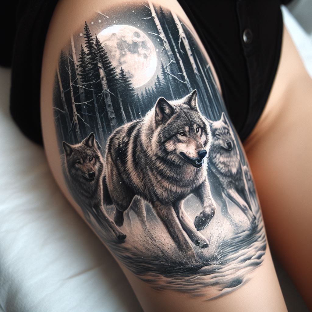 A wildlife-inspired thigh tattoo featuring a realistic pack of wolves running through a snowy forest. The wolves are drawn with exceptional attention to detail, from their thick fur coats shimmering in the moonlight to their determined expressions as they navigate the terrain. The forest background is a blur of white and gray, with snow-covered trees and the hint of a moon peeking through the branches, creating a sense of movement and wild beauty.