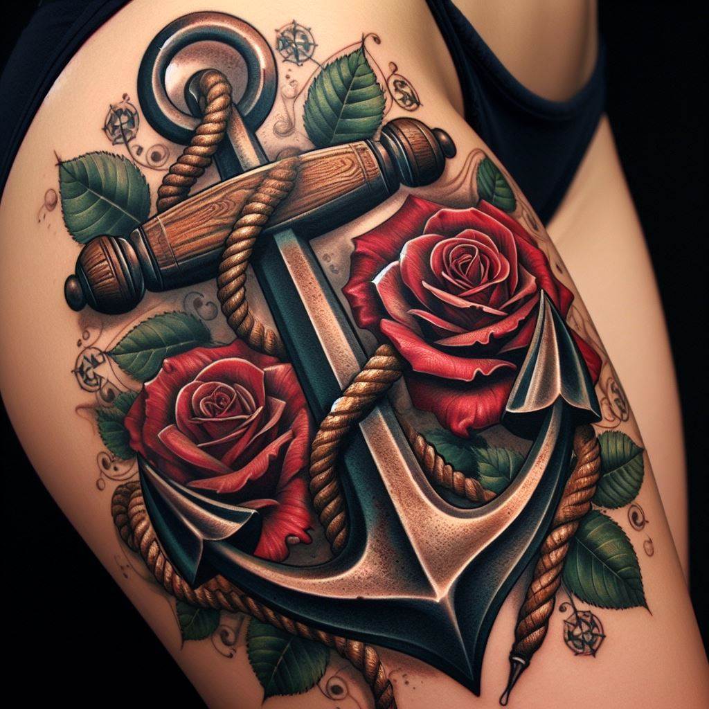 A nautical thigh tattoo with an old-school design, including a sailor's anchor, rope, and a classic rose. The anchor is the centerpiece, its heavy iron form detailed with rust and wear, symbolizing stability and strength. Wrapped around the anchor, the rope is textured, twisting and turning with realism. A traditional rose, with deep red petals and dark green leaves, adds a pop of color and a touch of romance to the maritime theme.