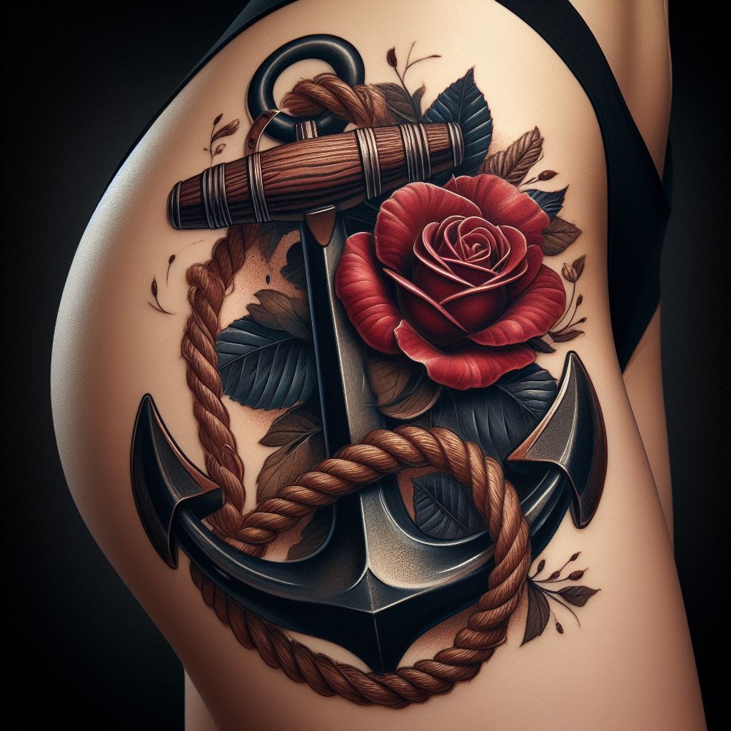 A nautical thigh tattoo with an old-school design, including a sailor's anchor, rope, and a classic rose. The anchor is the centerpiece, its heavy iron form detailed with rust and wear, symbolizing stability and strength. Wrapped around the anchor, the rope is textured, twisting and turning with realism. A traditional rose, with deep red petals and dark green leaves, adds a pop of color and a touch of romance to the maritime theme.
