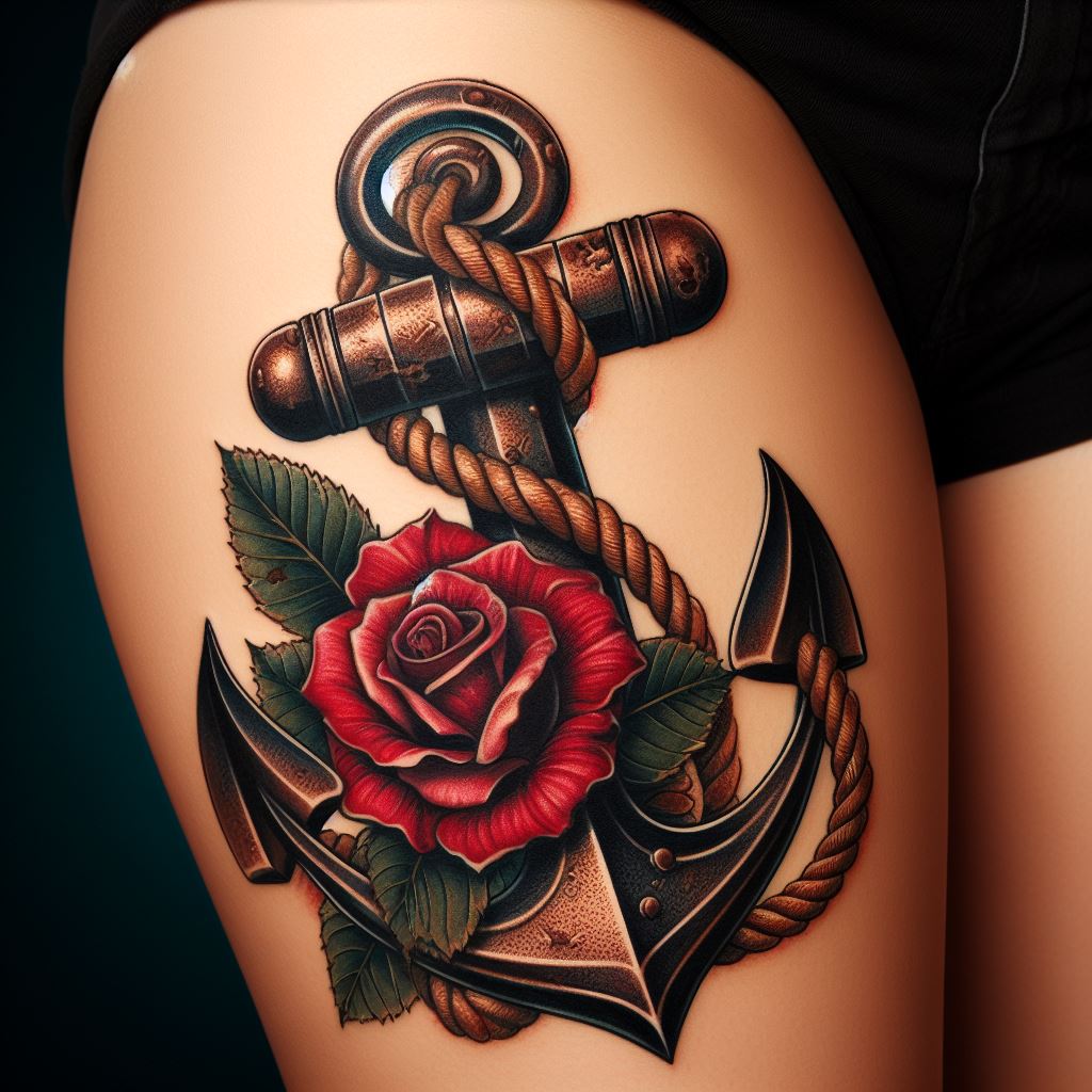 A nautical thigh tattoo with an old-school design, including a sailor's anchor, rope, and a classic rose. The anchor is the centerpiece, its heavy iron form detailed with rust and wear, symbolizing stability and strength. Wrapped around the anchor, the rope is textured, twisting and turning with realism. A traditional rose, with deep red petals and dark green leaves, adds a pop of color and a touch of romance to the maritime theme.