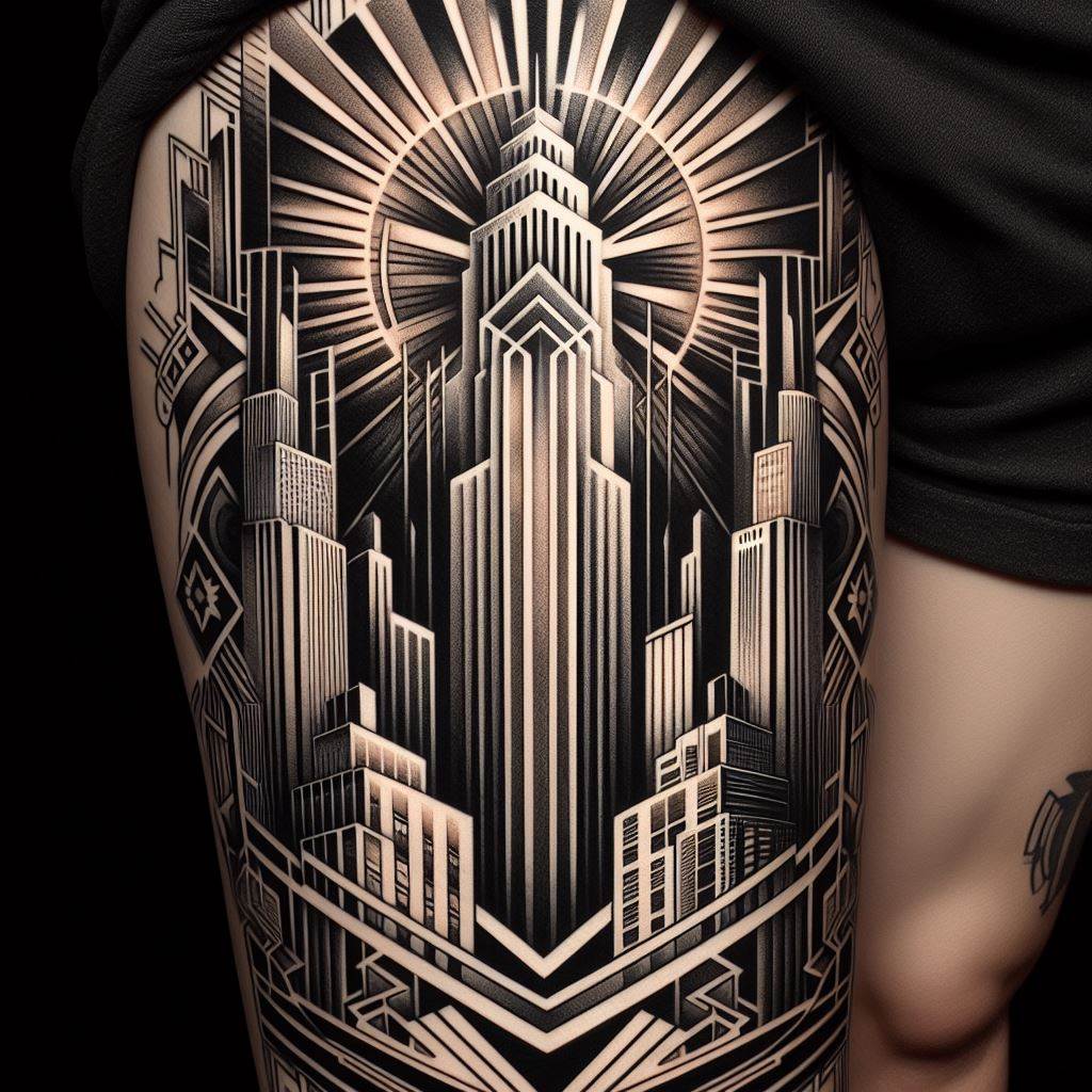 An art deco-inspired thigh tattoo featuring stylized skyscrapers, geometric patterns, and the sunburst motif. This design captures the essence of the roaring twenties, with towering buildings that stretch upwards, their windows and ledges creating a play of light and shadow. Geometric patterns, characteristic of art deco design, form the background, intricate and precise. The sunburst motif, a symbol of optimism and progress, radiates from behind the skyscrapers, giving the tattoo a dynamic focal point.