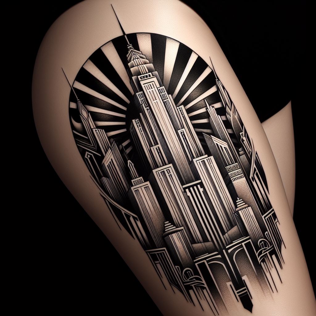 An art deco-inspired thigh tattoo featuring stylized skyscrapers, geometric patterns, and the sunburst motif. This design captures the essence of the roaring twenties, with towering buildings that stretch upwards, their windows and ledges creating a play of light and shadow. Geometric patterns, characteristic of art deco design, form the background, intricate and precise. The sunburst motif, a symbol of optimism and progress, radiates from behind the skyscrapers, giving the tattoo a dynamic focal point.