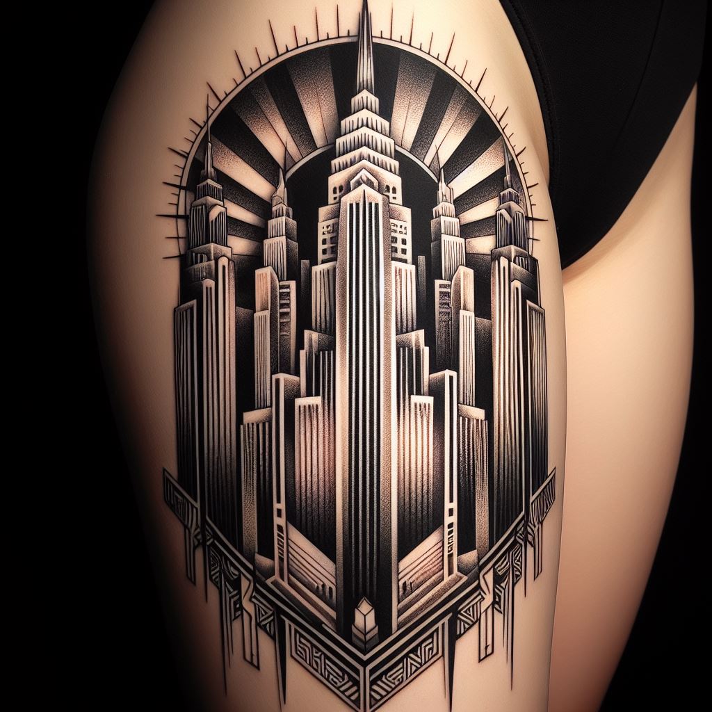 An art deco-inspired thigh tattoo featuring stylized skyscrapers, geometric patterns, and the sunburst motif. This design captures the essence of the roaring twenties, with towering buildings that stretch upwards, their windows and ledges creating a play of light and shadow. Geometric patterns, characteristic of art deco design, form the background, intricate and precise. The sunburst motif, a symbol of optimism and progress, radiates from behind the skyscrapers, giving the tattoo a dynamic focal point.