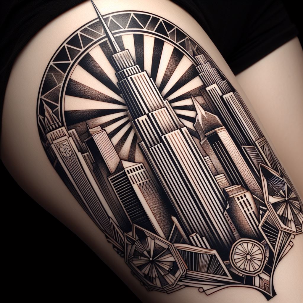 An art deco-inspired thigh tattoo featuring stylized skyscrapers, geometric patterns, and the sunburst motif. This design captures the essence of the roaring twenties, with towering buildings that stretch upwards, their windows and ledges creating a play of light and shadow. Geometric patterns, characteristic of art deco design, form the background, intricate and precise. The sunburst motif, a symbol of optimism and progress, radiates from behind the skyscrapers, giving the tattoo a dynamic focal point.