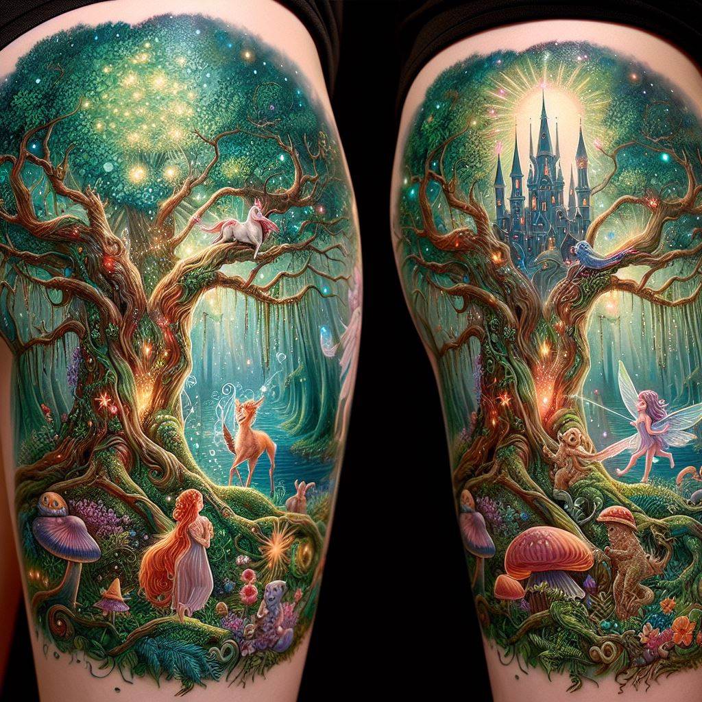 A whimsical thigh tattoo depicting a fairy-tale forest with an enchanted tree, magical creatures, and a hidden castle. The tree is ancient and wise, its branches sprawling and covered in luminous moss and flowers. Among its roots and leaves, magical creatures like fairies, unicorns, and talking animals peek out, each rendered with a touch of fantasy and vibrant colors. In the distance, a castle rises, its spires touching the sky, suggesting the beginning of a timeless adventure.