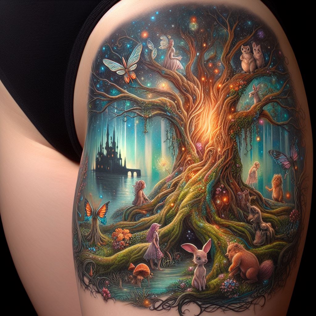 A whimsical thigh tattoo depicting a fairy-tale forest with an enchanted tree, magical creatures, and a hidden castle. The tree is ancient and wise, its branches sprawling and covered in luminous moss and flowers. Among its roots and leaves, magical creatures like fairies, unicorns, and talking animals peek out, each rendered with a touch of fantasy and vibrant colors. In the distance, a castle rises, its spires touching the sky, suggesting the beginning of a timeless adventure.