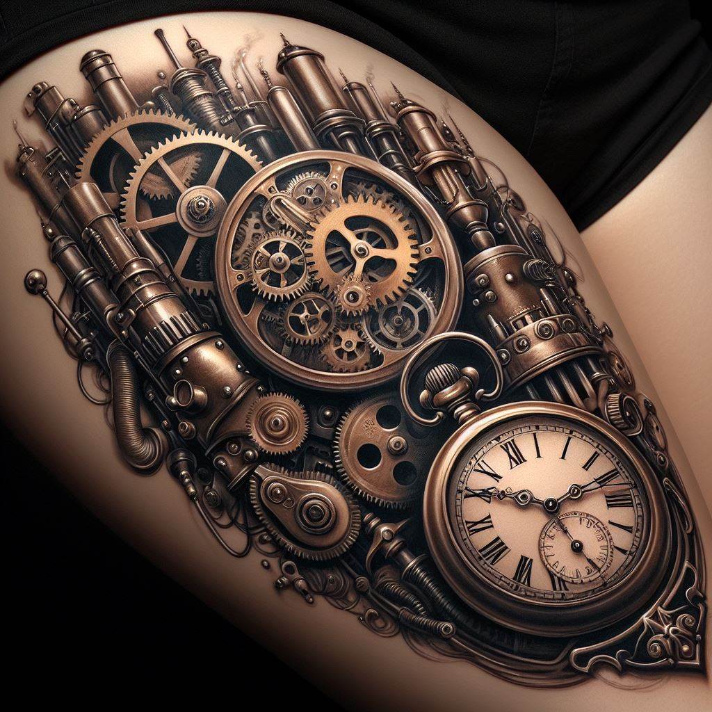 A steampunk thigh tattoo featuring mechanical gears, a vintage pocket watch, and steam-powered machinery. The gears are intricately linked, each tooth and cog perfectly fitted to suggest movement and function. The pocket watch, its face open to reveal the complex inner workings, symbolizes the passage of time with a nod to Victorian elegance. Surrounding these elements, steam-powered machinery with pipes and valves adds an industrial vibe, combining old-world charm with futuristic imagination.