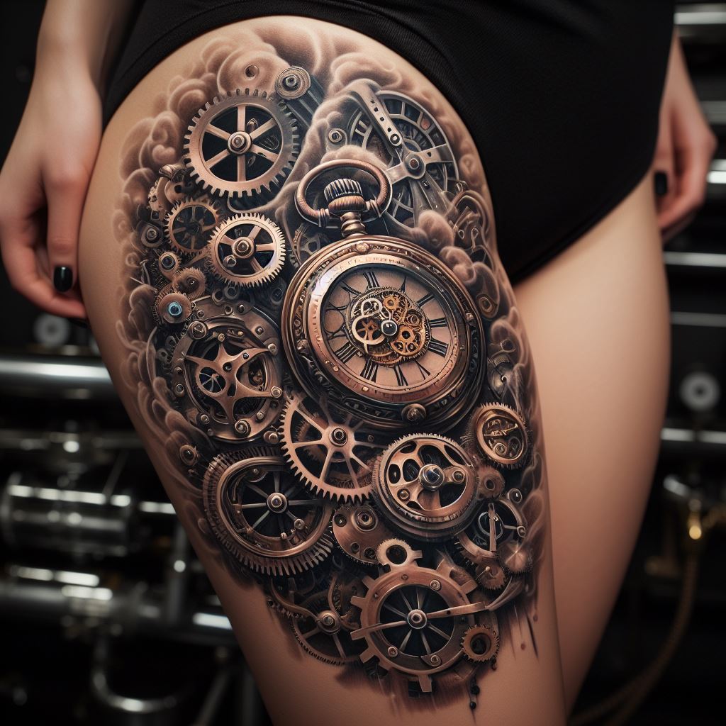 A steampunk thigh tattoo featuring mechanical gears, a vintage pocket watch, and steam-powered machinery. The gears are intricately linked, each tooth and cog perfectly fitted to suggest movement and function. The pocket watch, its face open to reveal the complex inner workings, symbolizes the passage of time with a nod to Victorian elegance. Surrounding these elements, steam-powered machinery with pipes and valves adds an industrial vibe, combining old-world charm with futuristic imagination.