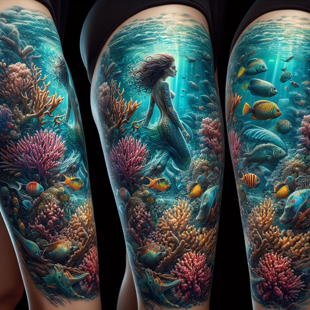 An oceanic thigh tattoo capturing the depths of the sea, with coral reefs, a school of tropical fish, and a serene mermaid. The coral reefs are alive with color, their structures complex and housing a diversity of marine life. Tropical fish, vibrant and fluid, weave through the scene, their scales reflecting light like jewels. At the heart, a mermaid with flowing hair and a shimmering tail rests among the coral, her expression one of peace and mystery, embodying the allure of the ocean depths.