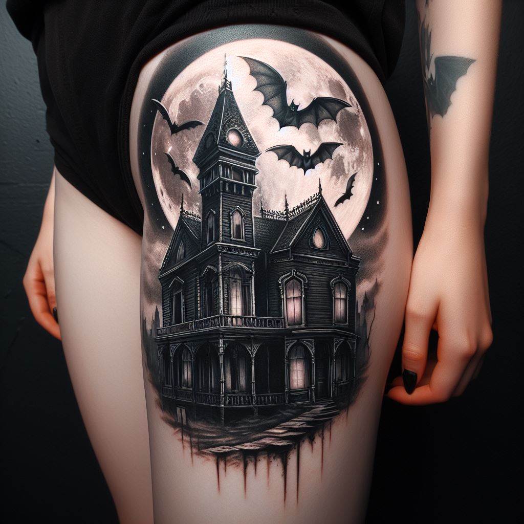 A gothic-inspired thigh tattoo with a haunted mansion, full moon, and flying bats. The mansion stands tall and imposing, its windows dark and foreboding, suggesting untold stories within. The full moon casts a silver light, illuminating the scene and casting long shadows. Bats, their wings spread wide, fly across the moon, adding a dynamic and slightly eerie element to the tattoo, perfect for those who are fascinated by the gothic and the macabre.