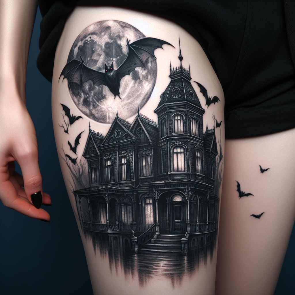 A gothic-inspired thigh tattoo with a haunted mansion, full moon, and flying bats. The mansion stands tall and imposing, its windows dark and foreboding, suggesting untold stories within. The full moon casts a silver light, illuminating the scene and casting long shadows. Bats, their wings spread wide, fly across the moon, adding a dynamic and slightly eerie element to the tattoo, perfect for those who are fascinated by the gothic and the macabre.