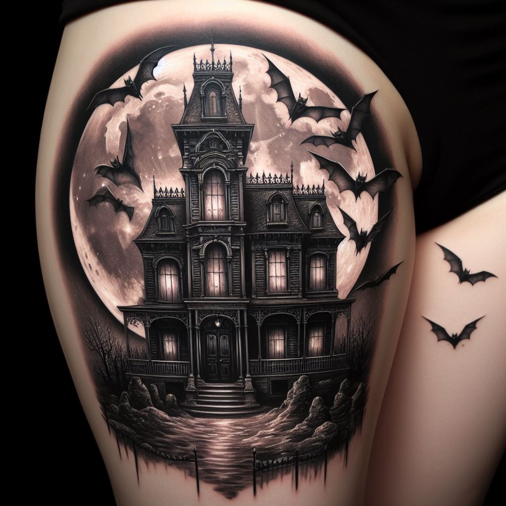 A gothic-inspired thigh tattoo with a haunted mansion, full moon, and flying bats. The mansion stands tall and imposing, its windows dark and foreboding, suggesting untold stories within. The full moon casts a silver light, illuminating the scene and casting long shadows. Bats, their wings spread wide, fly across the moon, adding a dynamic and slightly eerie element to the tattoo, perfect for those who are fascinated by the gothic and the macabre.