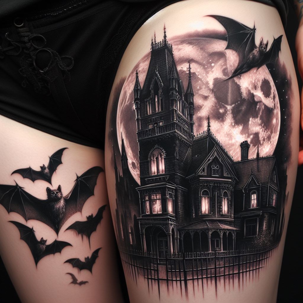 A gothic-inspired thigh tattoo with a haunted mansion, full moon, and flying bats. The mansion stands tall and imposing, its windows dark and foreboding, suggesting untold stories within. The full moon casts a silver light, illuminating the scene and casting long shadows. Bats, their wings spread wide, fly across the moon, adding a dynamic and slightly eerie element to the tattoo, perfect for those who are fascinated by the gothic and the macabre.