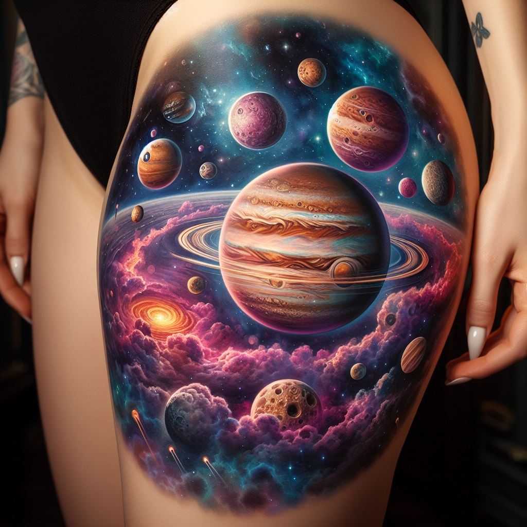 An astronomical thigh tattoo featuring a detailed solar system with planets, asteroids, and a vibrant nebula. Each planet is carefully rendered to showcase its unique characteristics, from the stormy atmosphere of Jupiter to the rings of Saturn. Asteroids drift through space, adding texture and depth. The background is dominated by a colorful nebula, its gases and dust swirling in an array of pinks, blues, and purples, representing the vast and beautiful complexity of the universe.