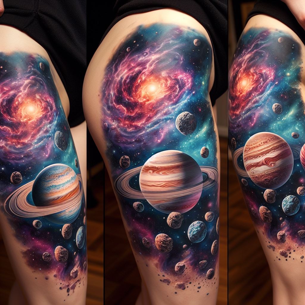 An astronomical thigh tattoo featuring a detailed solar system with planets, asteroids, and a vibrant nebula. Each planet is carefully rendered to showcase its unique characteristics, from the stormy atmosphere of Jupiter to the rings of Saturn. Asteroids drift through space, adding texture and depth. The background is dominated by a colorful nebula, its gases and dust swirling in an array of pinks, blues, and purples, representing the vast and beautiful complexity of the universe.