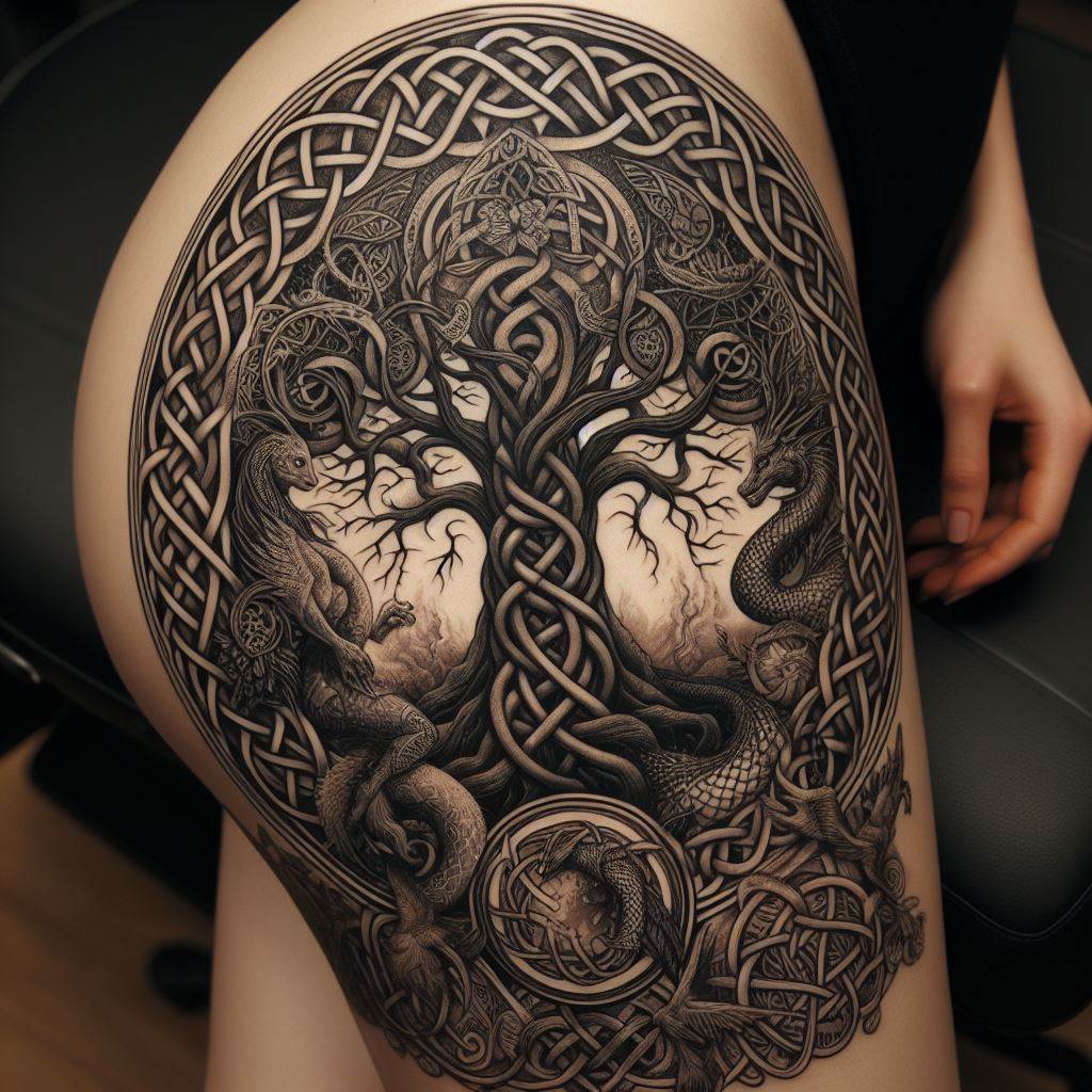 A Celtic-inspired thigh tattoo with intricate knotwork, a tree of life, and mythical beasts. The knotwork is dense and precise, looping and interlacing in patterns that symbolize eternity and the interconnectedness of all things. The tree of life, its branches and roots mirroring each other, stands at the center, a testament to growth and rebirth. Around it, mythical beasts such as dragons and griffins are woven into the design, their forms stylized yet powerful, adding a layer of mysticism and ancient lore.