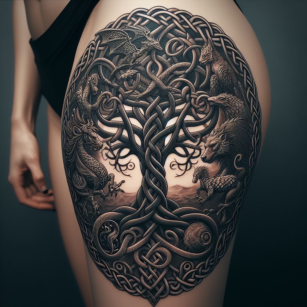 A Celtic-inspired thigh tattoo with intricate knotwork, a tree of life, and mythical beasts. The knotwork is dense and precise, looping and interlacing in patterns that symbolize eternity and the interconnectedness of all things. The tree of life, its branches and roots mirroring each other, stands at the center, a testament to growth and rebirth. Around it, mythical beasts such as dragons and griffins are woven into the design, their forms stylized yet powerful, adding a layer of mysticism and ancient lore.