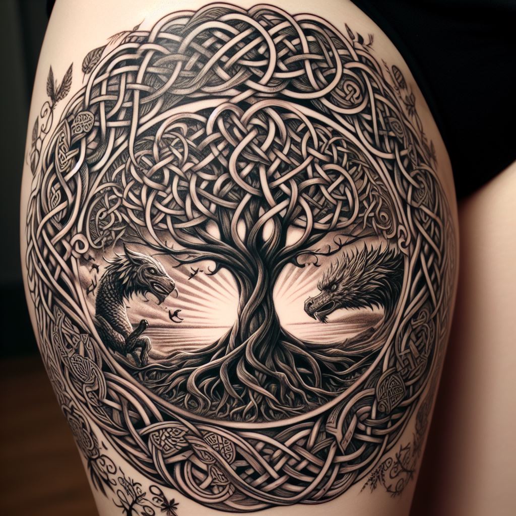 A Celtic-inspired thigh tattoo with intricate knotwork, a tree of life, and mythical beasts. The knotwork is dense and precise, looping and interlacing in patterns that symbolize eternity and the interconnectedness of all things. The tree of life, its branches and roots mirroring each other, stands at the center, a testament to growth and rebirth. Around it, mythical beasts such as dragons and griffins are woven into the design, their forms stylized yet powerful, adding a layer of mysticism and ancient lore.