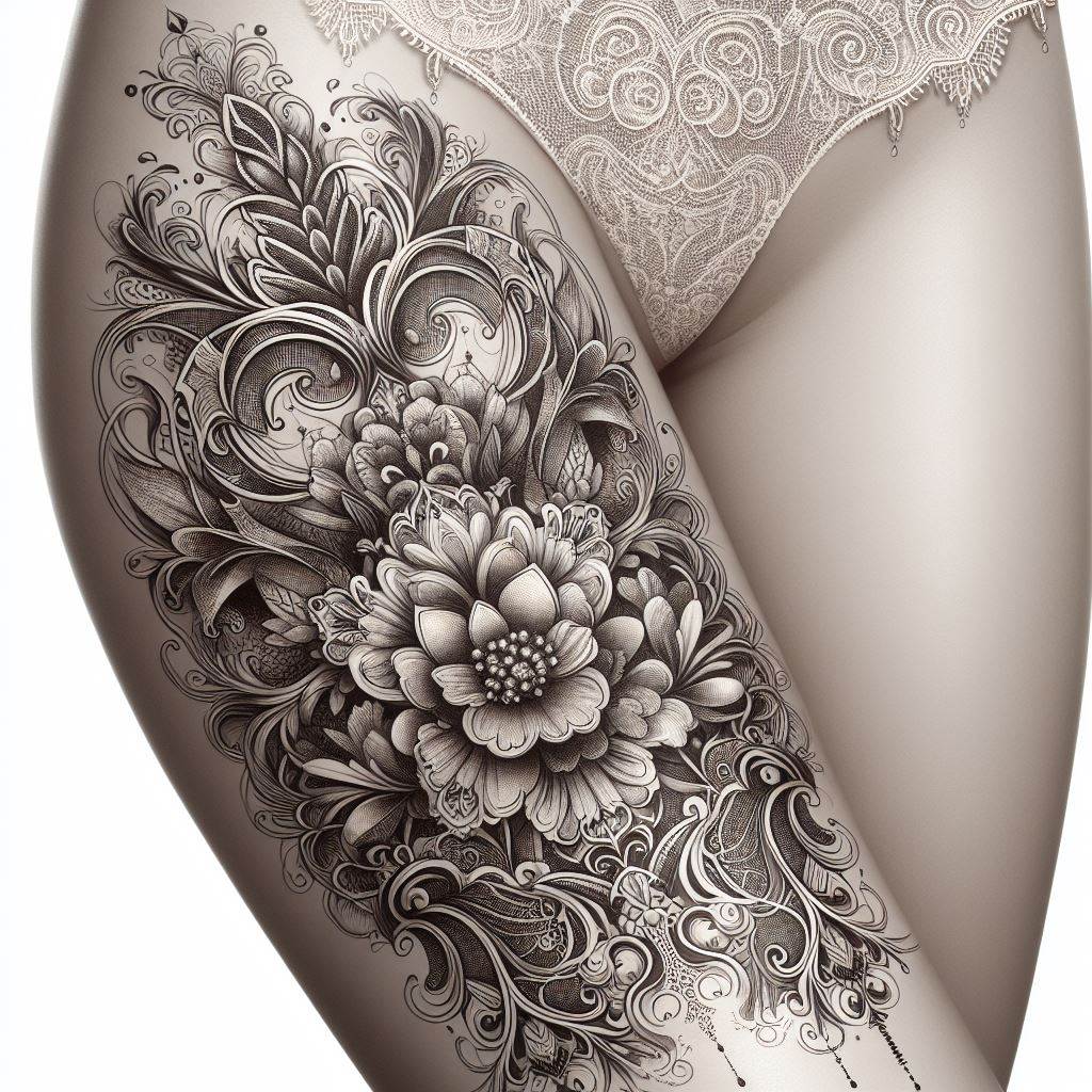 An ornamental thigh tattoo featuring delicate lace patterns, filigree, and soft floral accents. This design combines elegance and sophistication, with lace patterns that mimic the intricate details of vintage textiles. The filigree work, swirling and delicate, adds a touch of luxury, while small, soft floral accents provide a natural and feminine touch. The overall effect is one of timeless beauty, perfect for those who appreciate the finer details in art.
