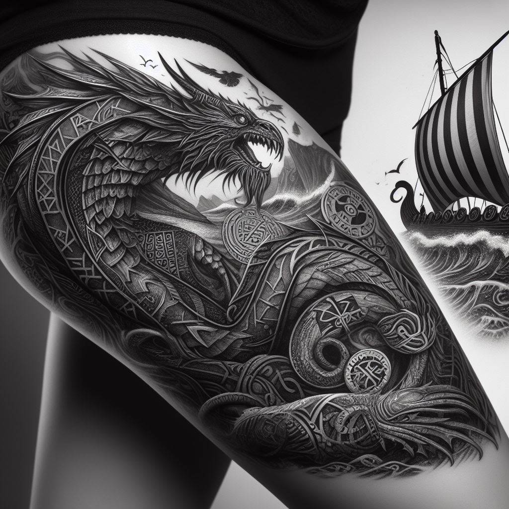 A Viking-inspired thigh tattoo with a detailed Norse dragon, runic symbols, and a longship silhouette. The Norse dragon, fierce and majestic, wraps around the thigh, its scales detailed for a textured appearance. Runic symbols, each with its own meaning and history, are interwoven with the dragon, adding a layer of mystery and ancient wisdom. In the background, the silhouette of a Viking longship sails through rough seas, embodying adventure and exploration.