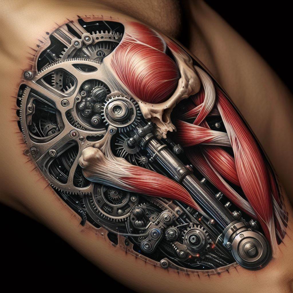A biomechanical thigh tattoo blending human anatomy with mechanical elements in a futuristic design. This tattoo showcases the fascinating integration of muscle and bone with gears, wires, and metallic plates, creating a visually striking contrast between the organic and the artificial. The mechanical elements are rendered with precision, suggesting advanced technology, while the human anatomy is detailed, highlighting the complexity and beauty of the natural form.