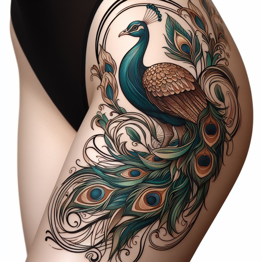 An Art Nouveau-inspired thigh tattoo with a peacock motif, incorporating flowing lines and natural elements. The peacock, a symbol of beauty and immortality, is central to the design, its feathers fanned out in a display of vibrant colors and intricate patterns. The flowing lines characteristic of Art Nouveau frame the peacock, blending with floral and leaf motifs that echo the natural world's elegance and fluidity.
