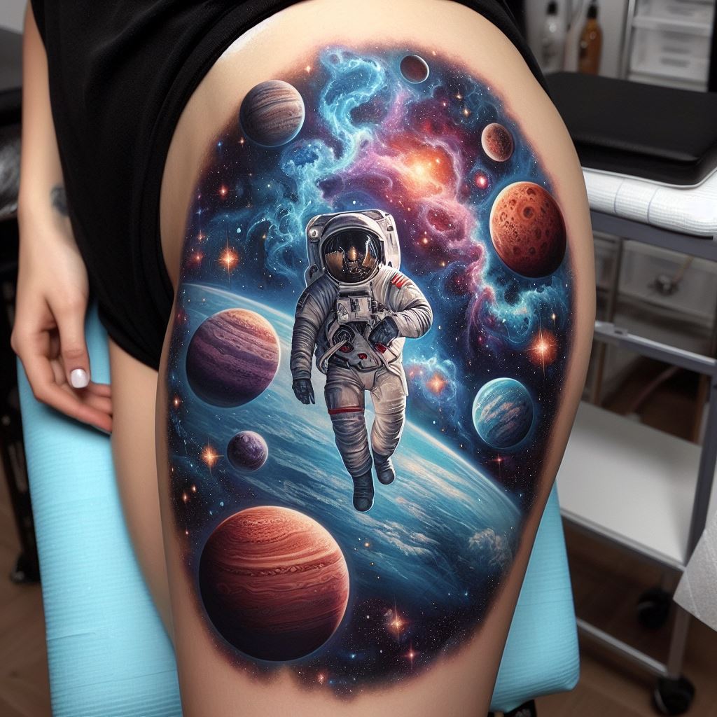 A space exploration-themed thigh tattoo featuring an astronaut floating amidst planets, stars, and a colorful nebula. The astronaut, detailed in a realistic style, appears weightless, capturing the vastness and solitude of space. Around them, planets of various sizes and colors provide depth and interest, while stars twinkle in the background. A swirling nebula in hues of blue, purple, and pink adds a touch of the mystical, representing the unknown wonders of the universe.