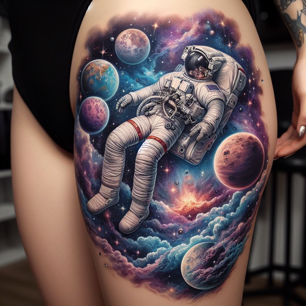 A space exploration-themed thigh tattoo featuring an astronaut floating amidst planets, stars, and a colorful nebula. The astronaut, detailed in a realistic style, appears weightless, capturing the vastness and solitude of space. Around them, planets of various sizes and colors provide depth and interest, while stars twinkle in the background. A swirling nebula in hues of blue, purple, and pink adds a touch of the mystical, representing the unknown wonders of the universe.