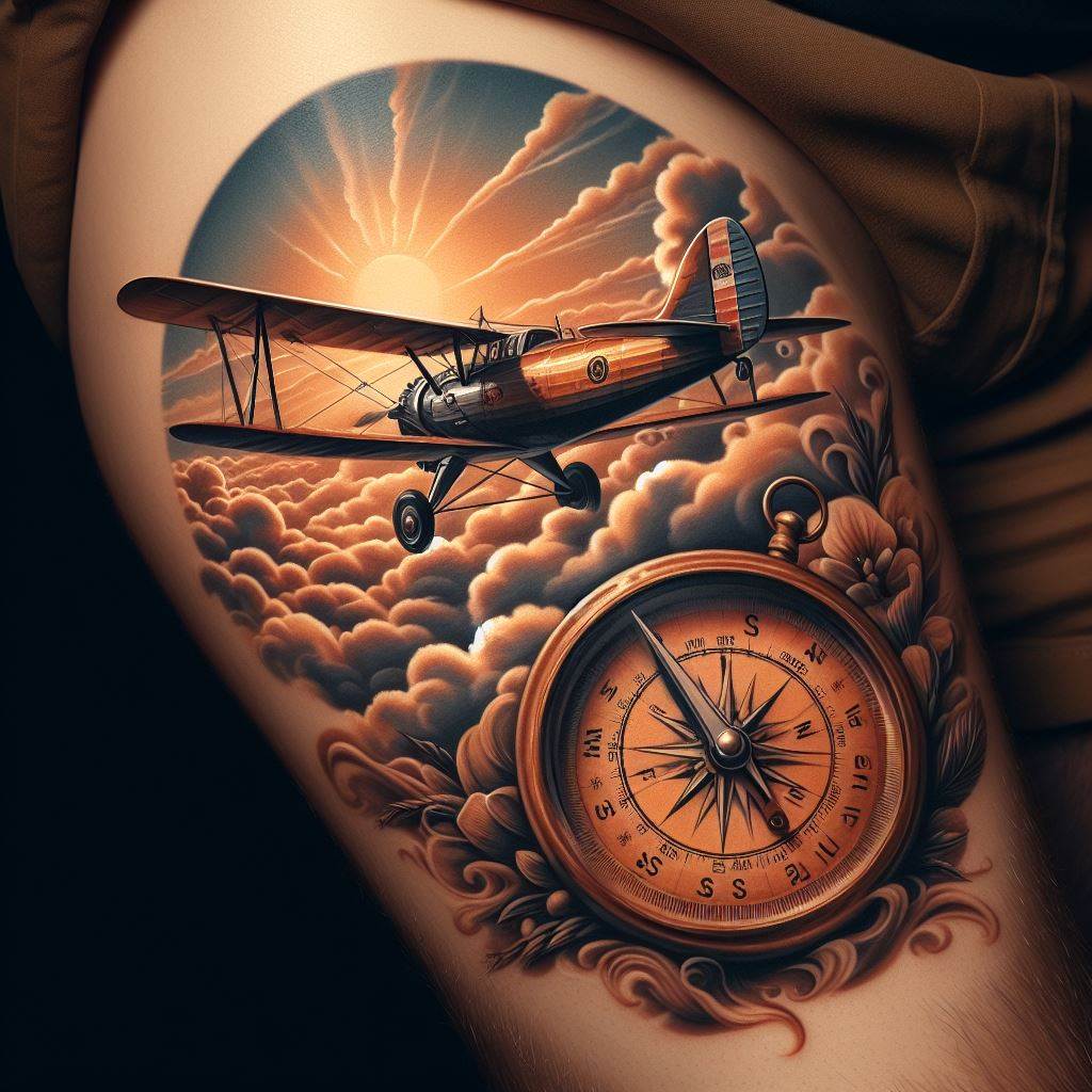 A vintage aviation thigh tattoo with a classic propeller plane flying through a sky filled with clouds and an old compass. The plane, rendered with attention to historical accuracy, symbolizes freedom and the golden age of flight. The clouds are soft and billowy, giving the impression of movement and height. An old compass, detailed with north, south, east, and west markings, anchors the design, representing navigation and adventure.