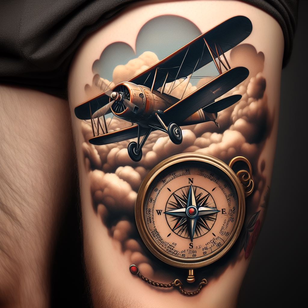 A vintage aviation thigh tattoo with a classic propeller plane flying through a sky filled with clouds and an old compass. The plane, rendered with attention to historical accuracy, symbolizes freedom and the golden age of flight. The clouds are soft and billowy, giving the impression of movement and height. An old compass, detailed with north, south, east, and west markings, anchors the design, representing navigation and adventure.