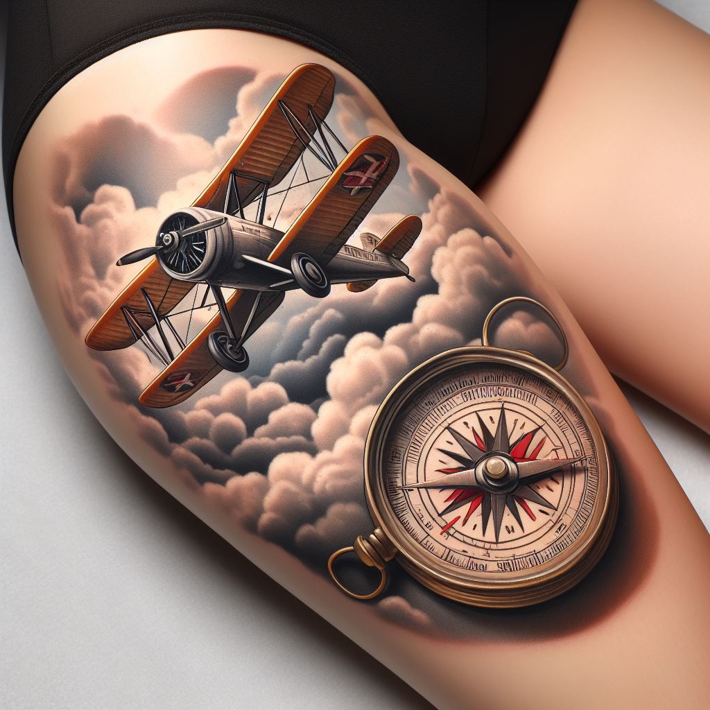 A vintage aviation thigh tattoo with a classic propeller plane flying through a sky filled with clouds and an old compass. The plane, rendered with attention to historical accuracy, symbolizes freedom and the golden age of flight. The clouds are soft and billowy, giving the impression of movement and height. An old compass, detailed with north, south, east, and west markings, anchors the design, representing navigation and adventure.