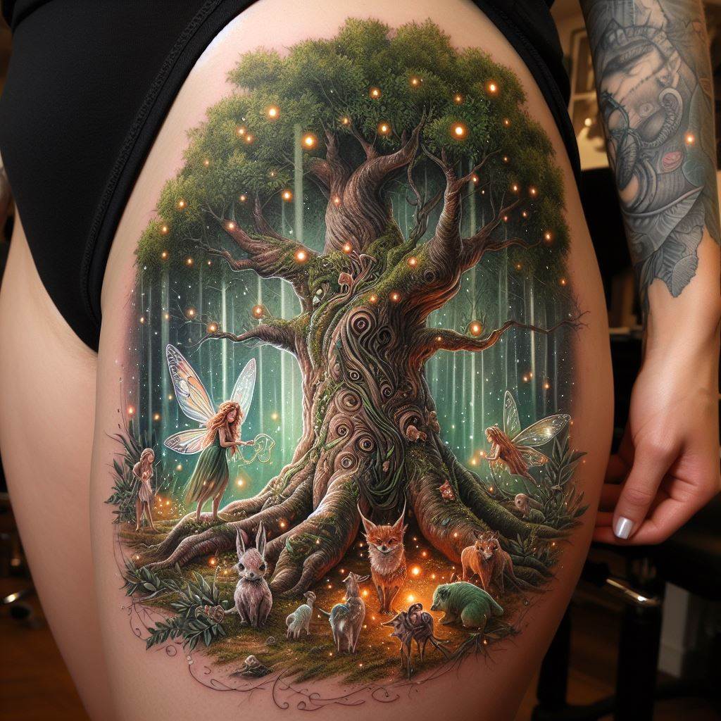 A mystical forest thigh tattoo featuring an ancient oak tree, magical creatures, and glowing fireflies. The ancient oak, grand and wise, stands at the center, its roots deep and branches wide. Around it, magical creatures such as faeries, sprites, and woodland animals peek from behind leaves and branches, each rendered with a touch of enchantment. Glowing fireflies dot the scene, adding a magical ambiance and a sense of wonder.