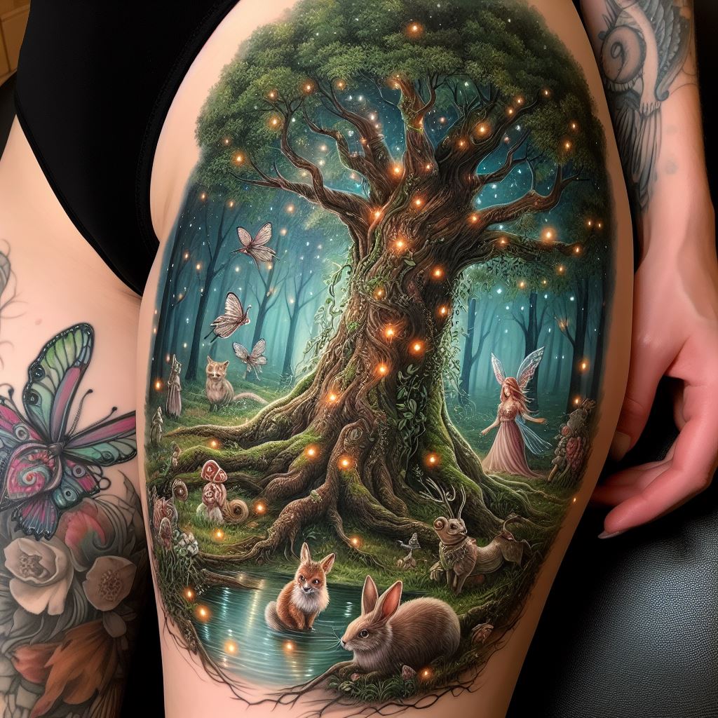 A mystical forest thigh tattoo featuring an ancient oak tree, magical creatures, and glowing fireflies. The ancient oak, grand and wise, stands at the center, its roots deep and branches wide. Around it, magical creatures such as faeries, sprites, and woodland animals peek from behind leaves and branches, each rendered with a touch of enchantment. Glowing fireflies dot the scene, adding a magical ambiance and a sense of wonder.