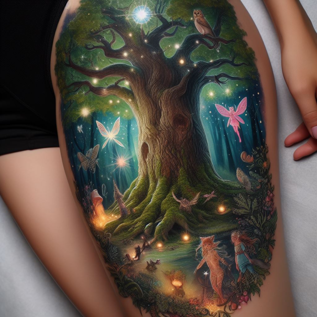 A mystical forest thigh tattoo featuring an ancient oak tree, magical creatures, and glowing fireflies. The ancient oak, grand and wise, stands at the center, its roots deep and branches wide. Around it, magical creatures such as faeries, sprites, and woodland animals peek from behind leaves and branches, each rendered with a touch of enchantment. Glowing fireflies dot the scene, adding a magical ambiance and a sense of wonder.