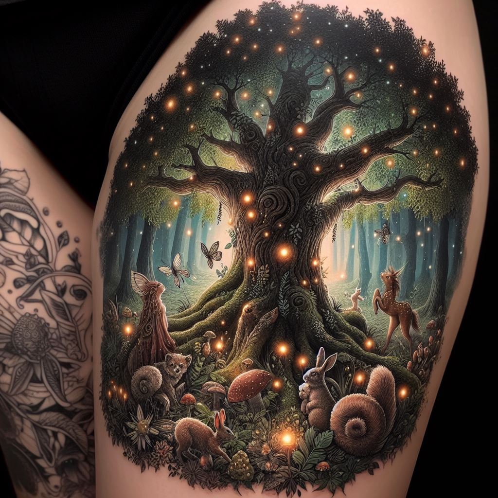 A mystical forest thigh tattoo featuring an ancient oak tree, magical creatures, and glowing fireflies. The ancient oak, grand and wise, stands at the center, its roots deep and branches wide. Around it, magical creatures such as faeries, sprites, and woodland animals peek from behind leaves and branches, each rendered with a touch of enchantment. Glowing fireflies dot the scene, adding a magical ambiance and a sense of wonder.